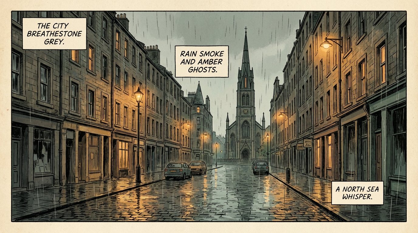 A rain wet Edinburgh street, half rendered in full ink and half left as raw pencil