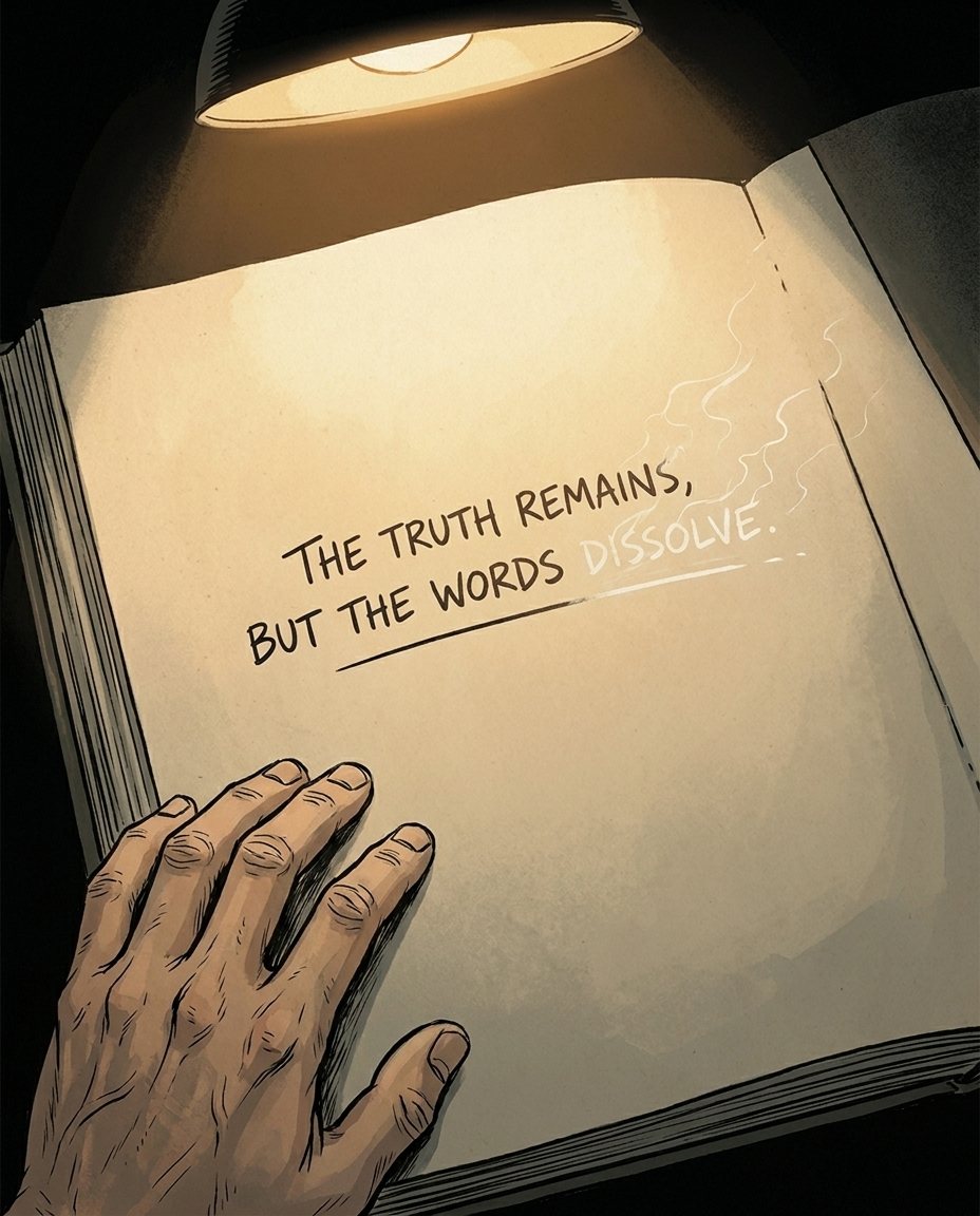 Simon's notebook open on the desk, a single underlined line alone on a blank page