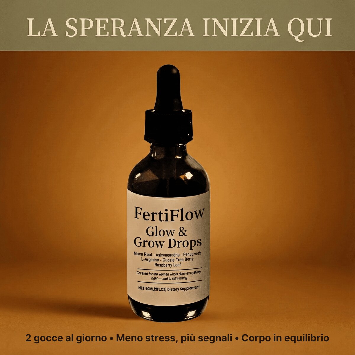 FertiFlow — flacone da 50 ml con contagocce, integratore alimentare.