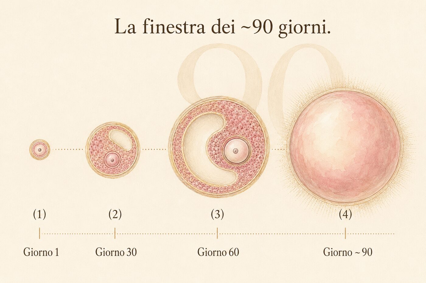 Illustrazione ad acquerello della finestra dei circa 90 giorni: un follicolo ovarico rappresentato in quattro stadi successivi di crescita, dal Giorno 1 al Giorno ~90, fino all'ovocita maturo.