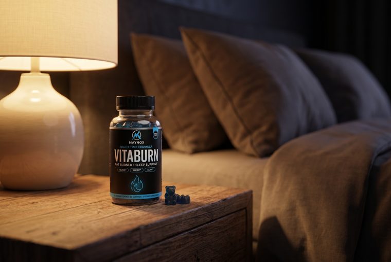 VitaBurn on a nightstand — just two gummies before bed