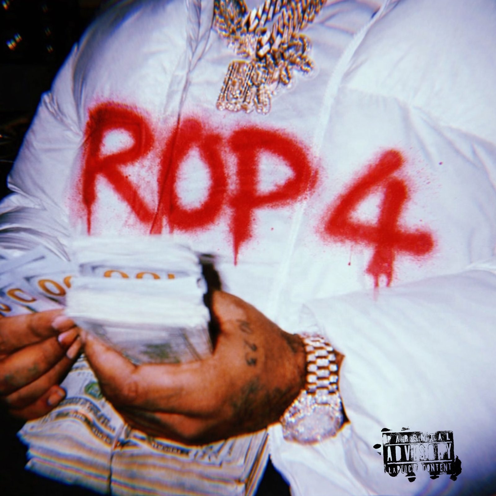 ROP 4 album cover — red spray paint on white puffer