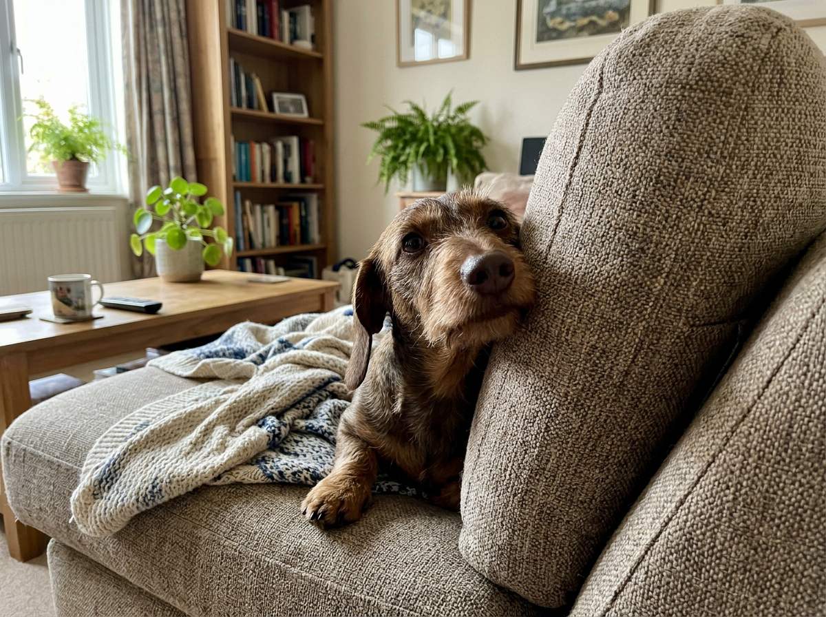Dachshund wedged between couch cushions