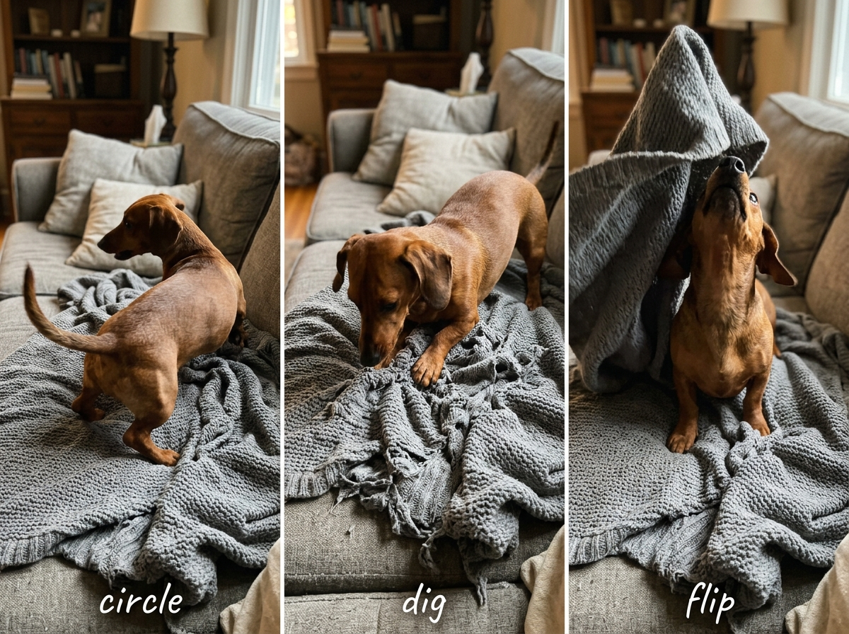 Dachshund den building ritual: circle, dig, flip