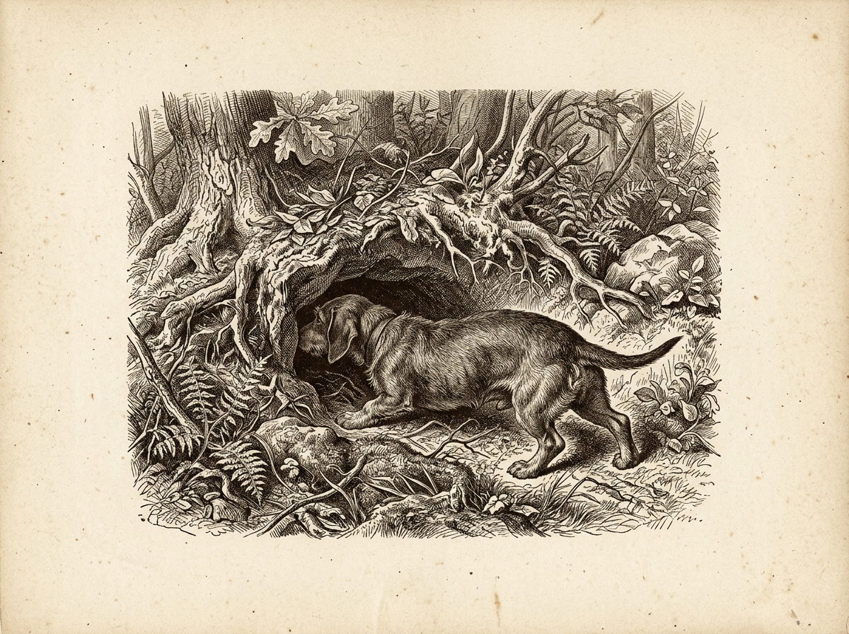 Historic engraving of a dachshund entering a badger burrow