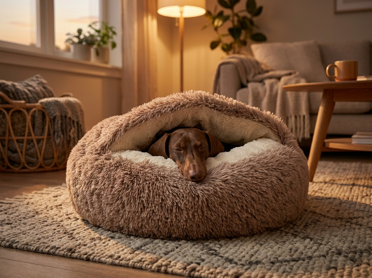 Dachshund resting inside The Dachshund Den cave bed