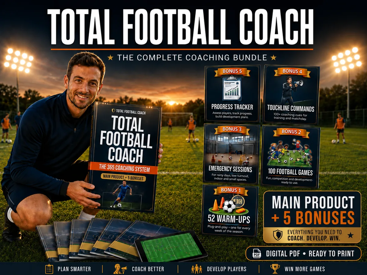 Total Football Coach — a coach kneeling on a floodlit pitch holding the 365 Coaching System book, with the six volumes fanned beside a tablet and the 5 bonuses laid out.