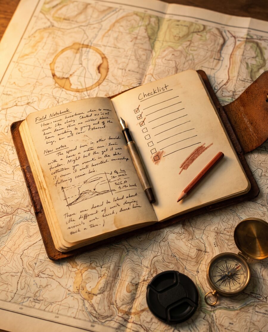 Carnet de bord ouvert sur une carte ancienne