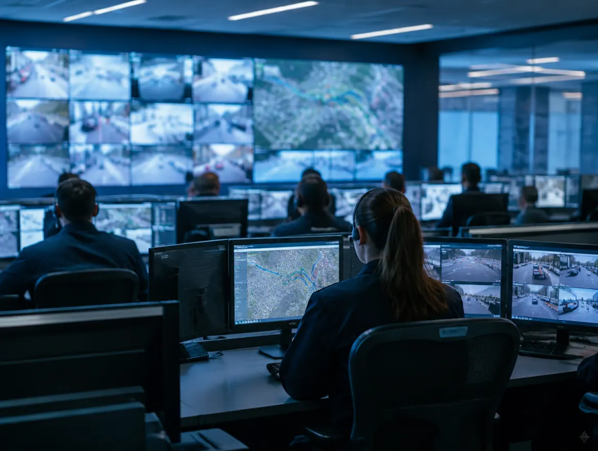 Centro de monitoreo con operadores frente a un muro de video