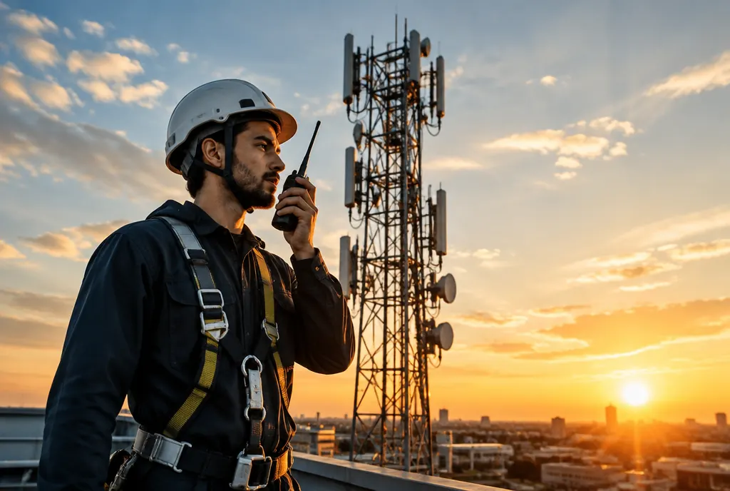 Técnico en azotea con radio portátil frente a una torre de comunicaciones