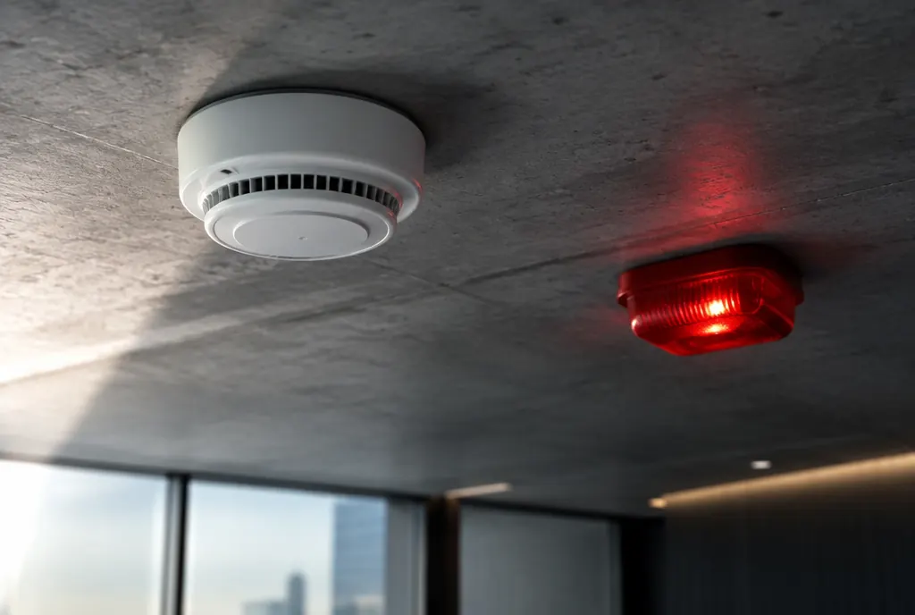 Detector de humo y estrobo de alarma en techo de concreto