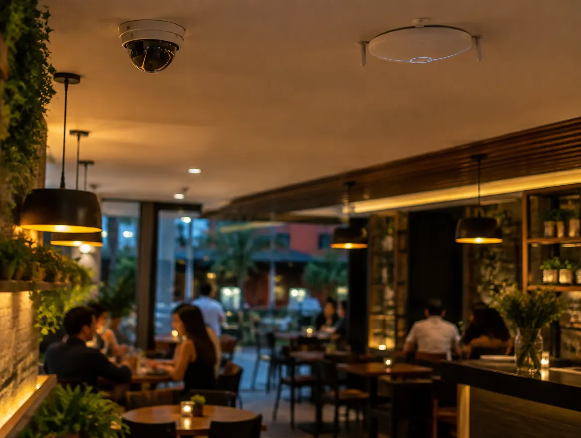 Restaurante con cámara y punto de acceso Wi-Fi en el techo