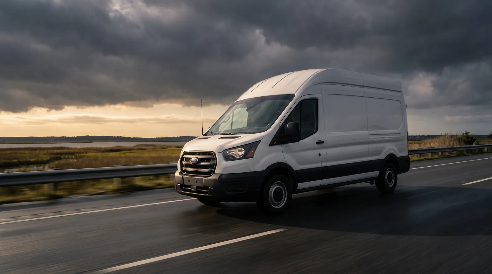 Parts delivery van on the road at dawn