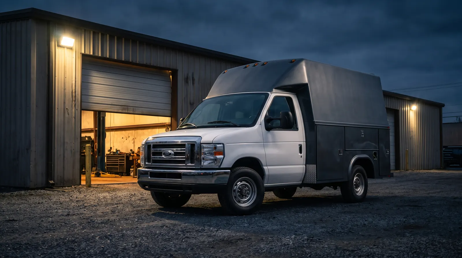 Enclosed utility body upfit outside the shop at evening