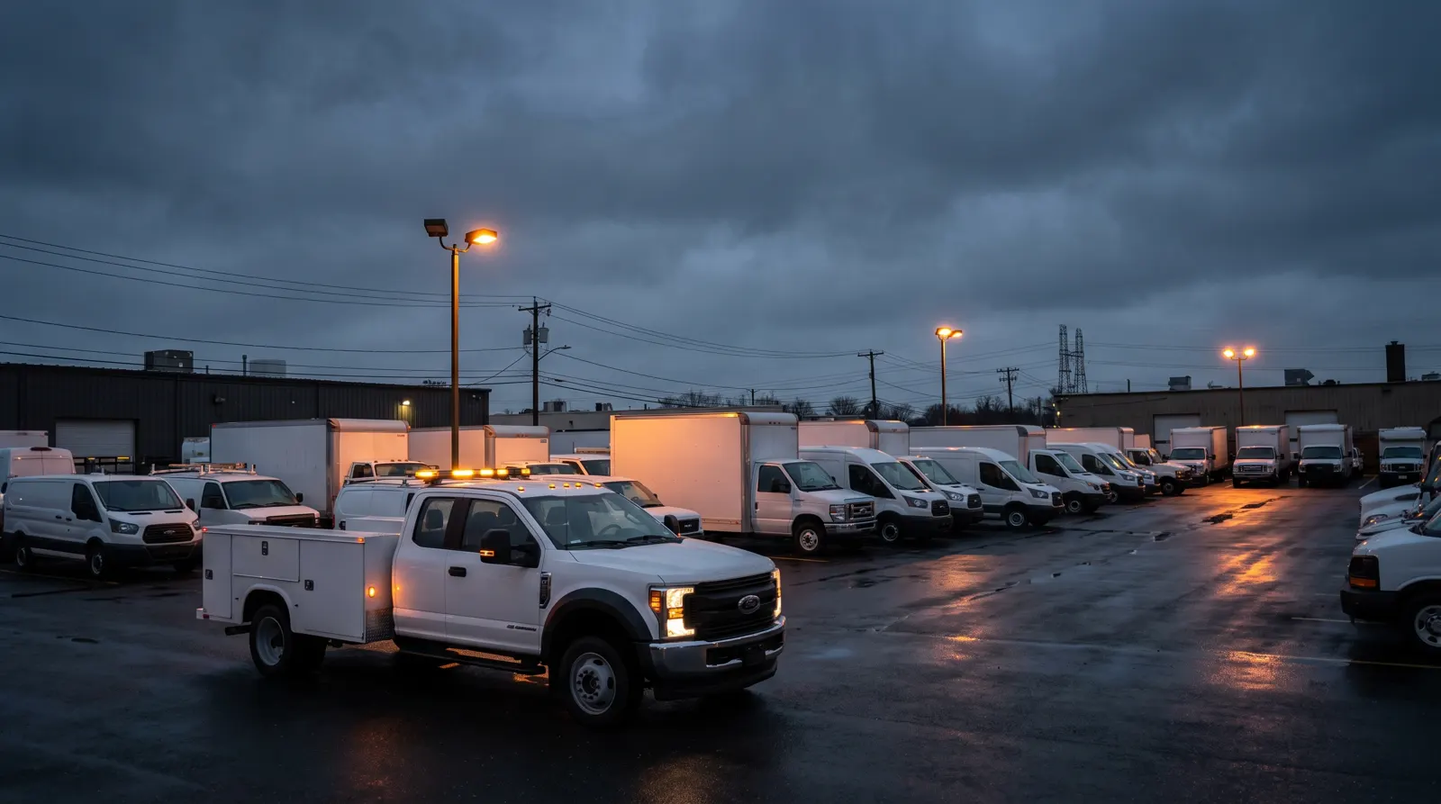 Work truck inventory in the Tom's Ford commercial yard at dusk