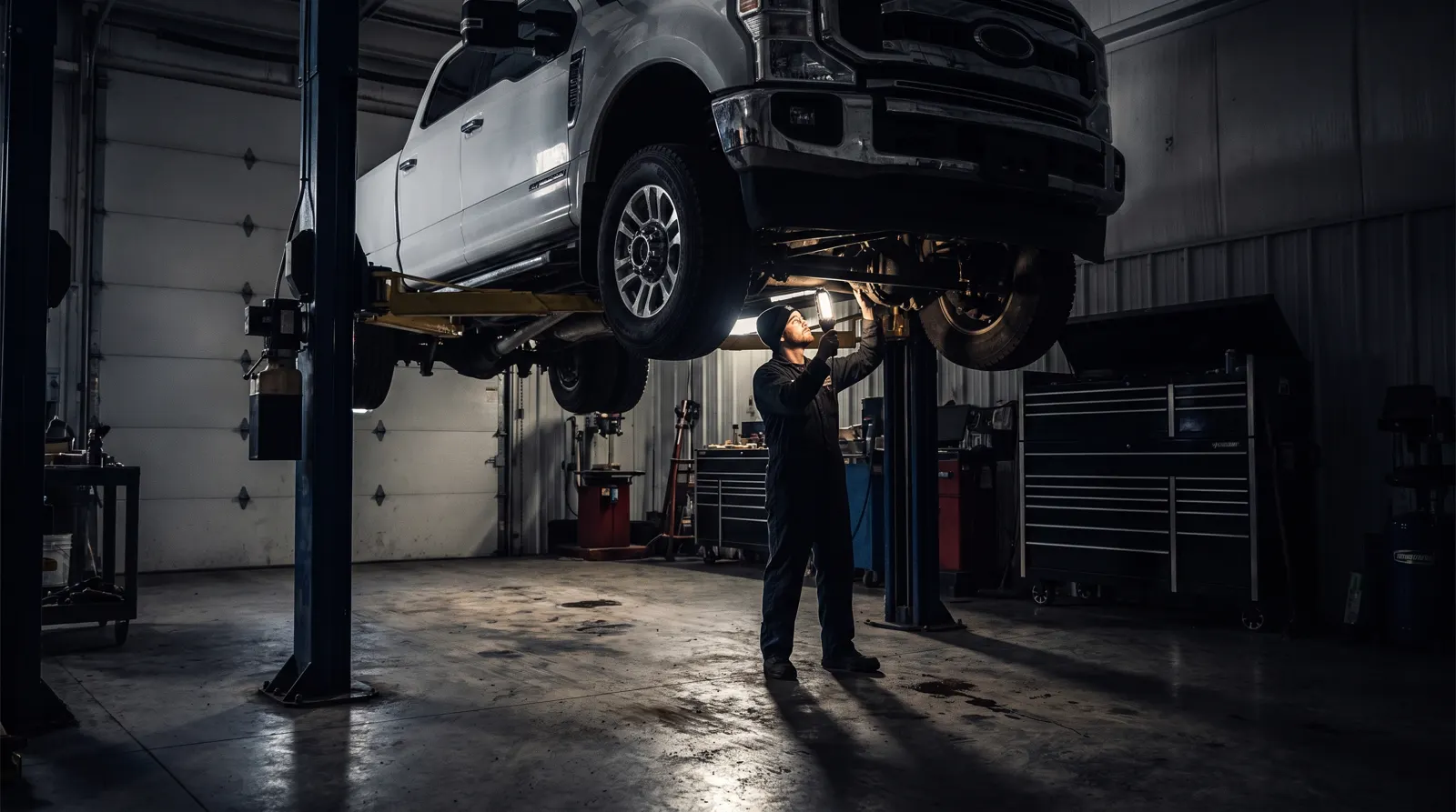 Ford certified technician inspecting a Super Duty on a heavy commercial lift