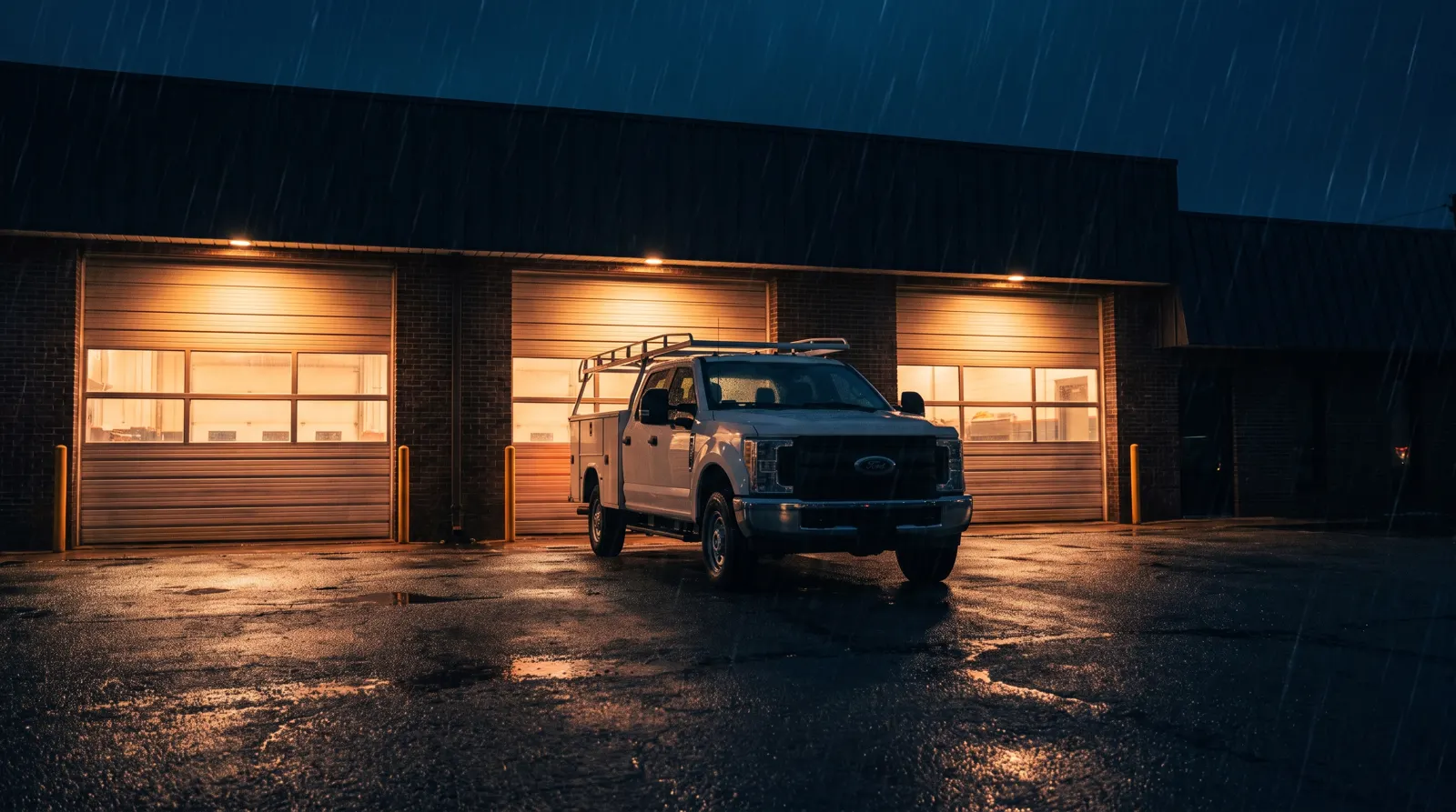 Service bays lit at night with a work truck out front