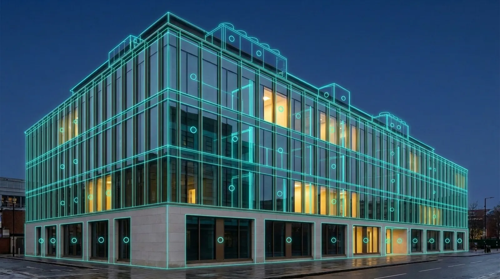 The same building with a teal audit wireframe tracing its floors and systems
